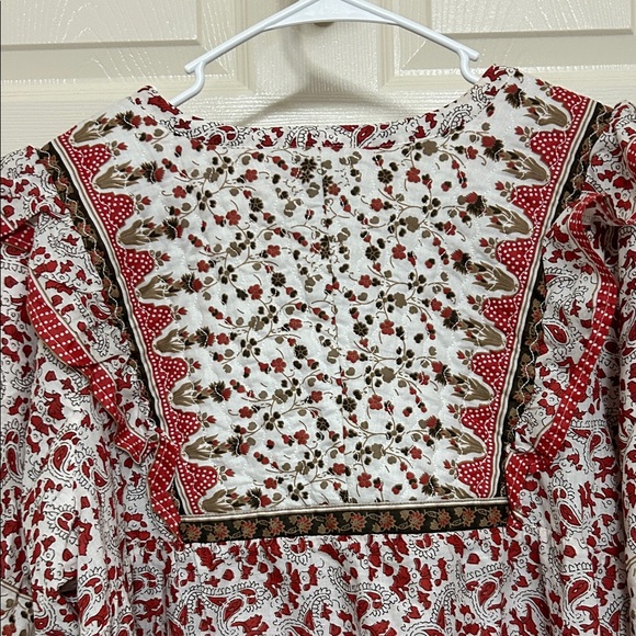 Calypso St. Barth Cotton Boho Top Red and White Pattern Keyhole Neck with Ties - Picture 15 of 16